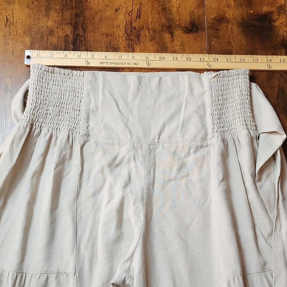HAPPILY GREY | Beige Rayon Linen Blend Wide-Leg Tie Waist Boho Patch Pants | XL - Picture 9 of 11